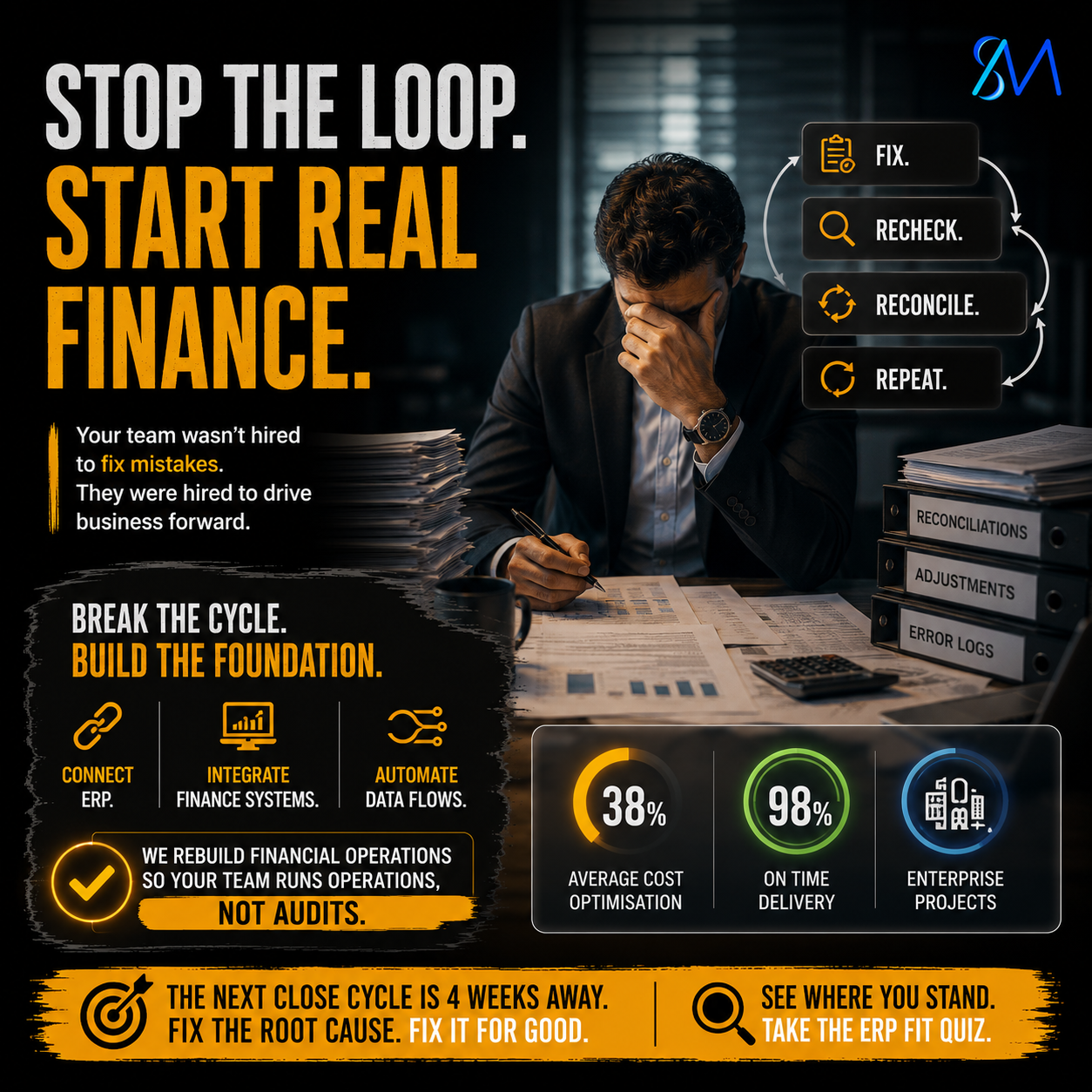 Illustration representing manual reconciliation during a financial close cycle in ERP connected finance operations